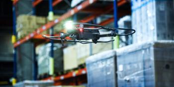 drone in warehouse with shelves